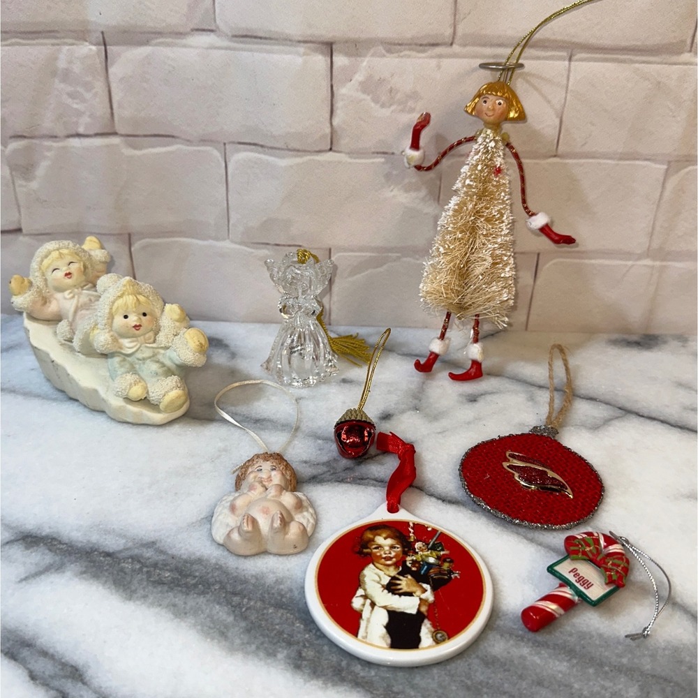 Vintage Christmas Ornament Lot 8pc Glass Angel Bottle Brush Ceramic 2001 Peggy